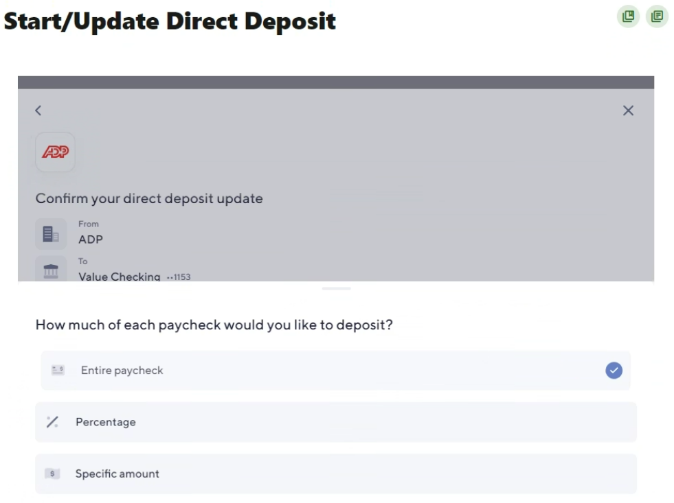 Edit how much of your paycheck you would like to deposit.