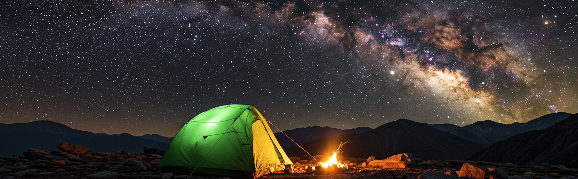 Green Tent by a Campfire Under a Starry Sky in Desert