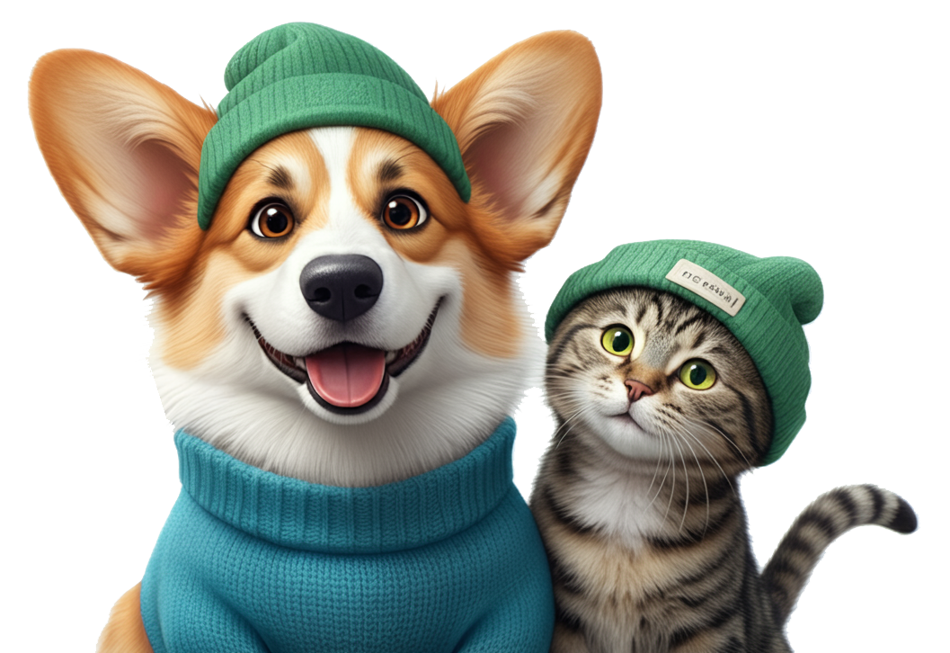 Caricature of Corgi and Cat in Winter Hats