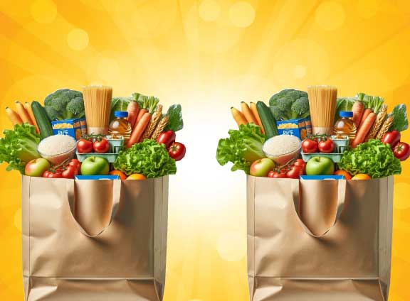 Two Filled Grocery Bags Against Yellow Background